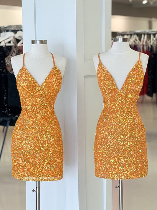 Open Back Short Orange V Neck Formal Homecoming Dresses Hoco Dresses SH001