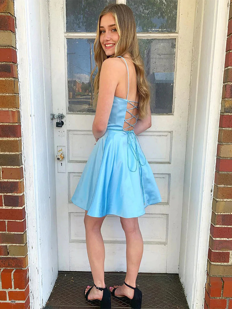Open Back Short Blue Formal Homecoming Dresses SH027