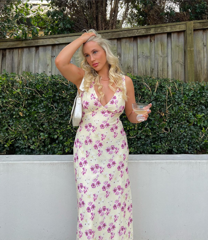Simple A Line V Neck Print Floral Chiffon Prom Dress Evening Dress SH1604
