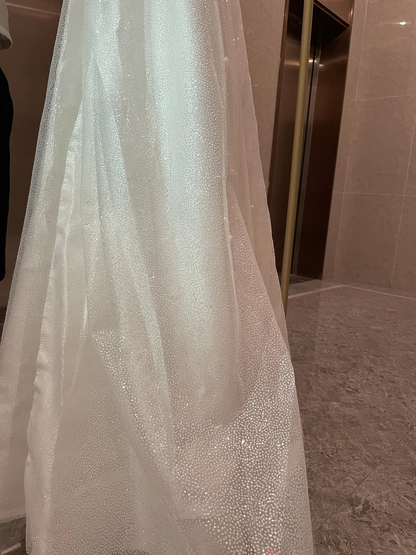 Sexy Puffy Sleeves Prom Dresses Glitter Ball Gown Party Dresses Tulle Sweep Train Prom Evening Dresses SH253