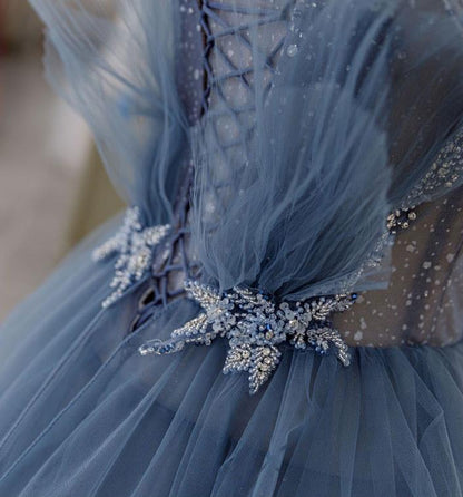 Gorgeous Blue Sparkly Tulle Beaded Prom Dress, Tiered Formal Gown With Rhinestone SH258