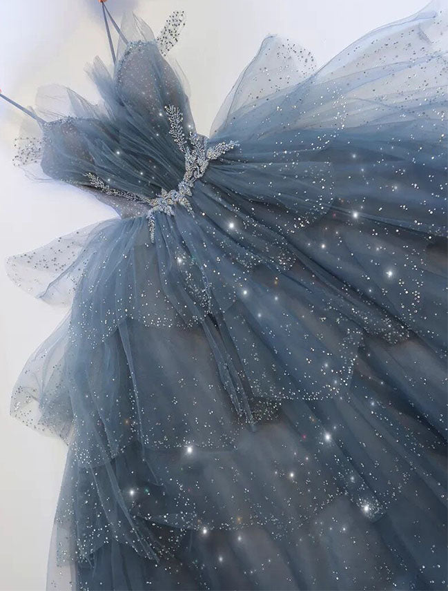 Gorgeous Blue Sparkly Tulle Beaded Prom Dress, Tiered Formal Gown With Rhinestone SH258