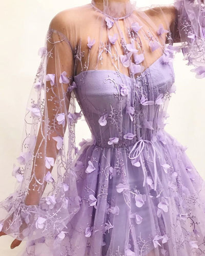 Sexy Tulle High Neck Front Slit Prom Dress Chic Appliques Flowers Long Sleeves Prom Dresses SH259