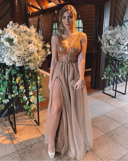 2023 A Line Brown Tulle Beaded Sweetheart Long Backless Prom Dress SH335