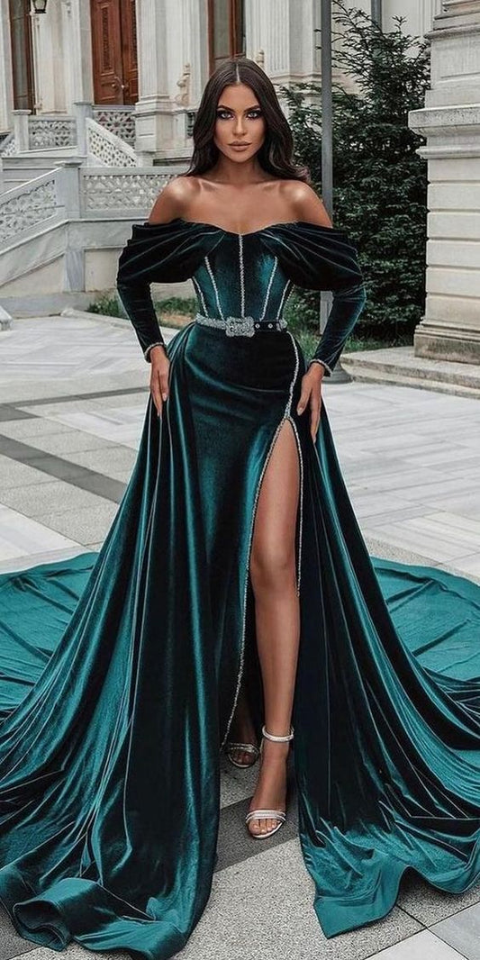 Stylish Split Front Off-the-shoulder Prom Dress With Train SH357
