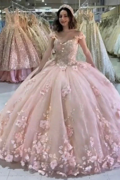 Ball Gown Pink 3D Flowers Off The Shoulder Quinceanera Dresses, Sweet 16 Dresses SH552