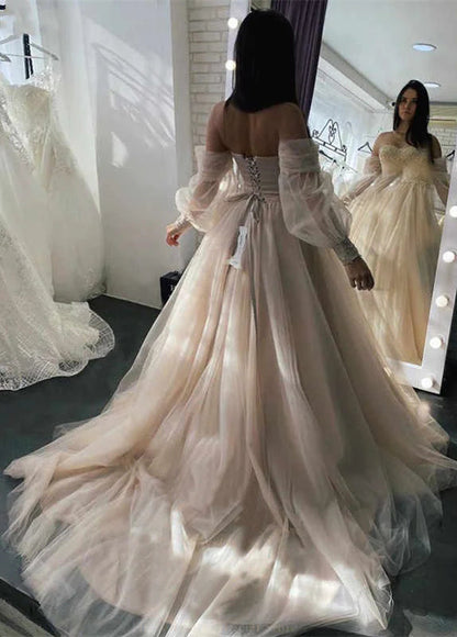 Champagne Sweetheart Strapless Tulle Wedding Dresses, Lace Up Prom Dress Evening Dresses SH553