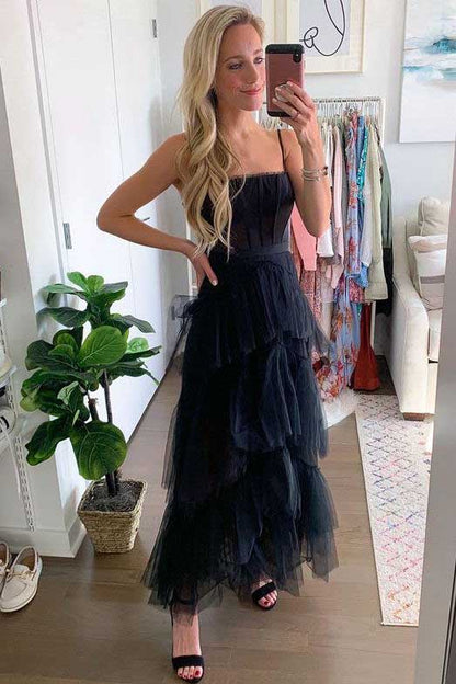 Simple A-Line Layered Tulle Black Prom Dresses, Long Party Dance Dresses SH561