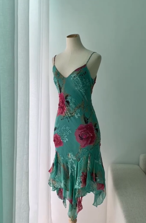 Vintage Mermaid Spaghetti Strap Ruffle Beaded Chiffon Evening Dress Outfits SH2007
