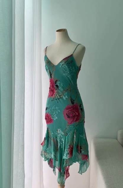 Vintage Mermaid Spaghetti Strap Ruffle Beaded Chiffon Evening Dress Outfits SH2007