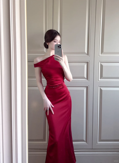 Elegant Burgundy Mermaid Beaded Satin Long Prom Dress Party Dress SH5016