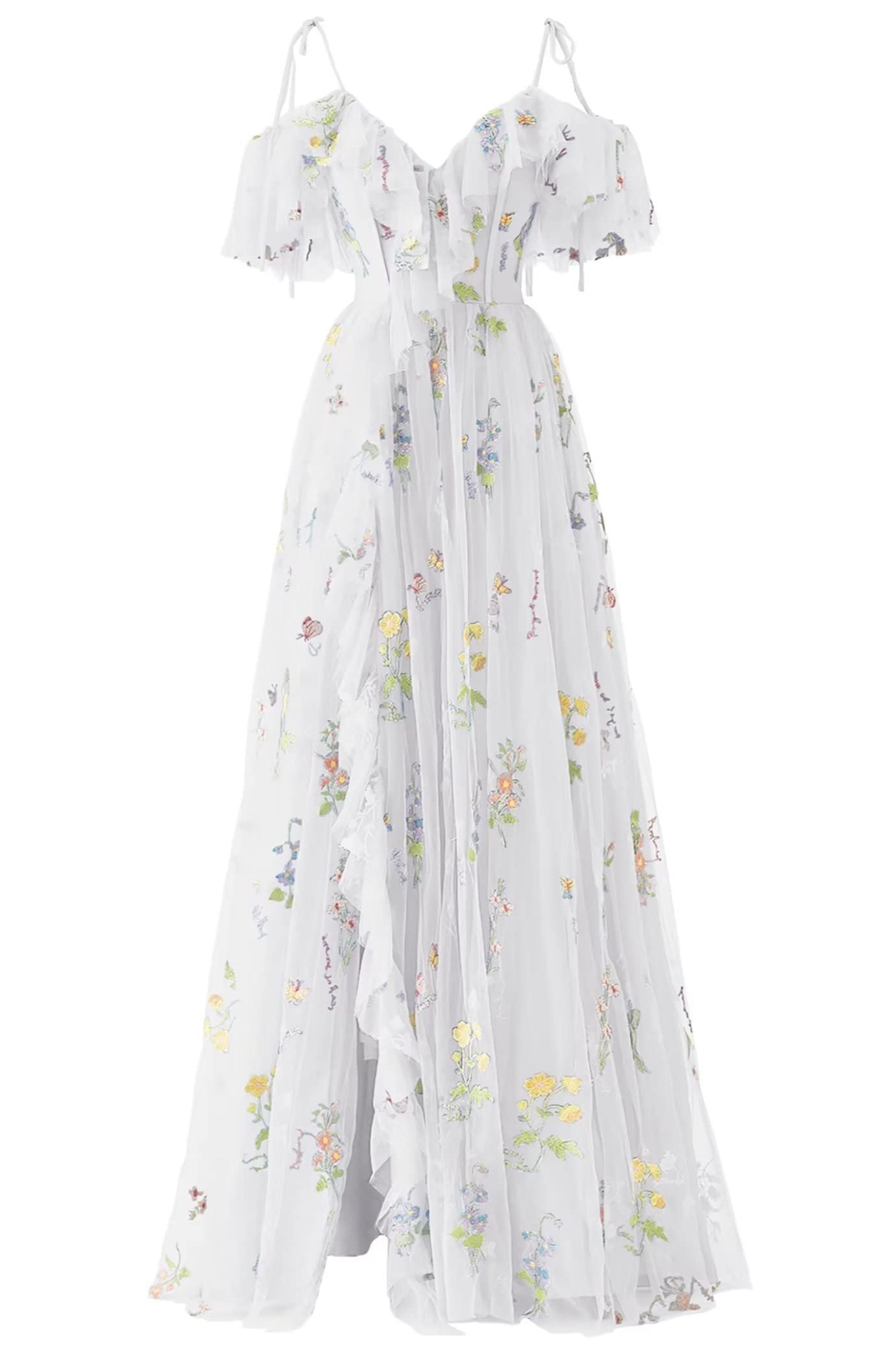 Tulle A-Line V-Neck Off-Shoulder Floral Prom Party Dress