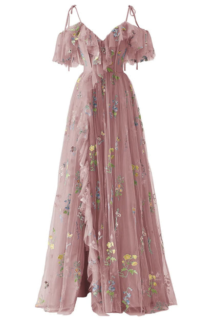 Tulle A-Line V-Neck Off-Shoulder Floral Prom Party Dress