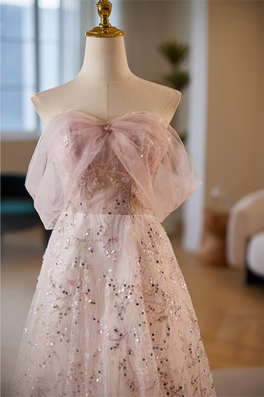 Dusty Pink Off-Shoulder A-line Sequined-Embroidery Tulle Long Prom Dress