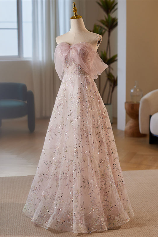 Dusty Pink Off-Shoulder A-line Sequined-Embroidery Tulle Long Prom Dress
