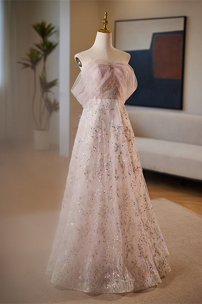 Dusty Pink Off-Shoulder A-line Sequined-Embroidery Tulle Long Prom Dress