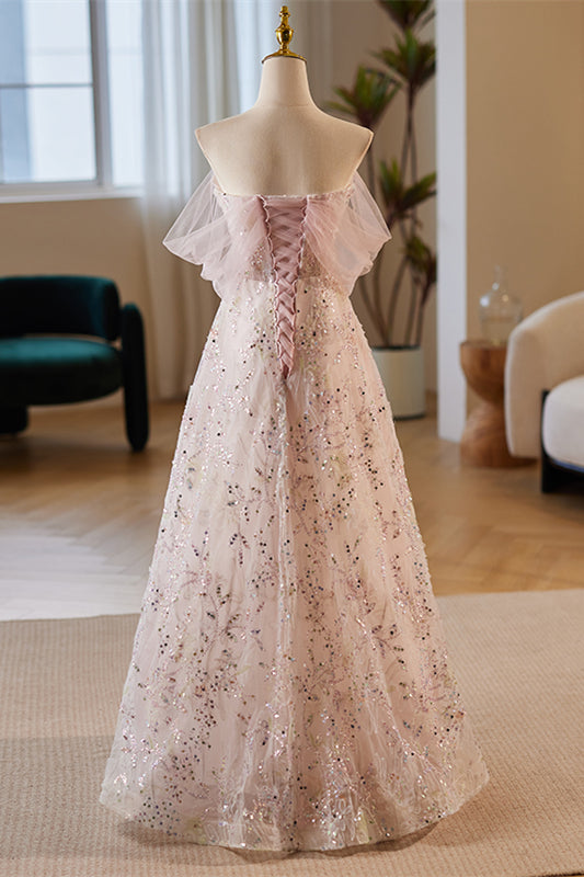 Dusty Pink Off-Shoulder A-line Sequined-Embroidery Tulle Long Prom Dress