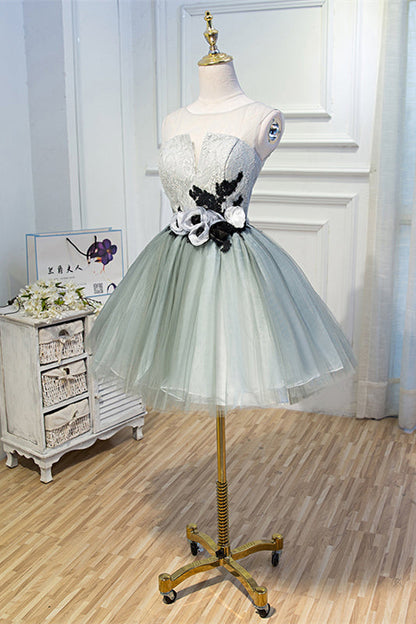 Dusty Sage Illusion Neck Lace Flowers Tulle Homecoming Dress