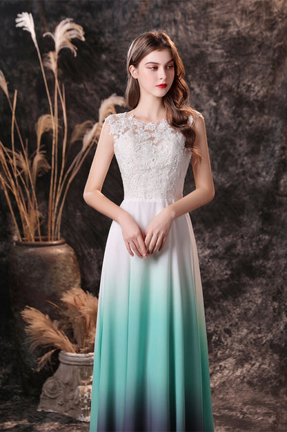 Sleeveless White and Green Chiffon Long Bridesmaid Dress