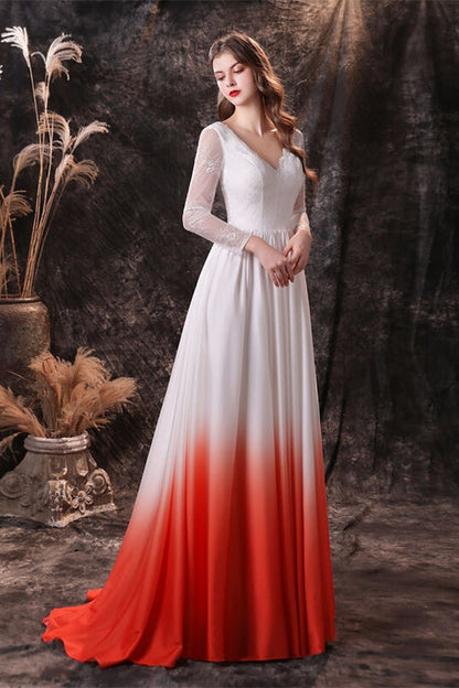Long Sleeves Orange Ombre Chiffon Long Bridesmaid Dress