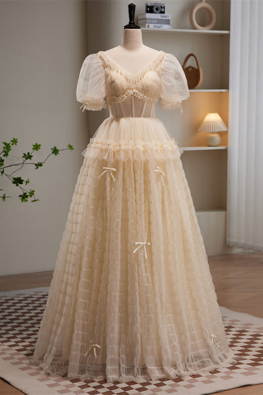 Champagne V Neck Puff Sleeves Beaded Ruffles Long Prom Dress