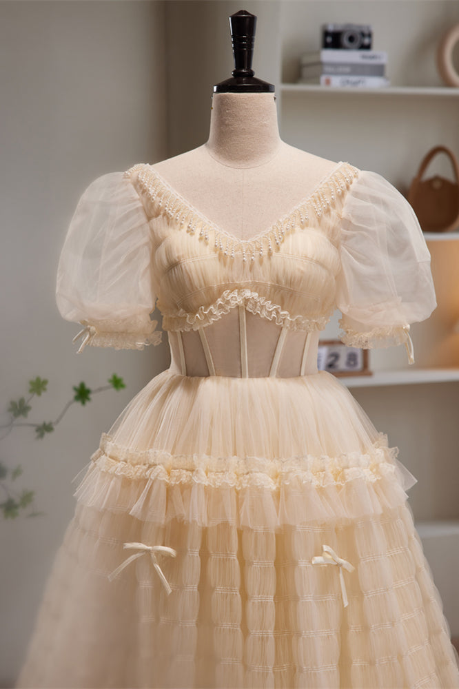 Champagne V Neck Puff Sleeves Beaded Ruffles Long Prom Dress