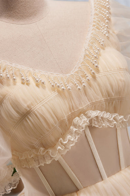 Champagne V Neck Puff Sleeves Beaded Ruffles Long Prom Dress