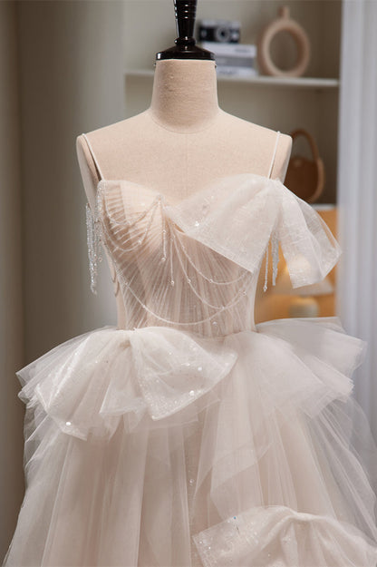Ivory Straps Beading Bows Ruffle Pleated Long Prom Dress