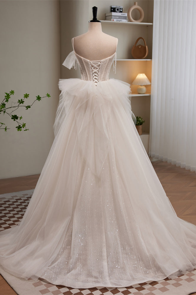 Ivory Straps Beading Bows Ruffle Pleated Long Prom Dress