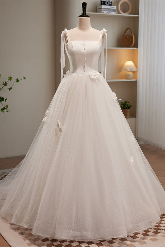 Ivory Bow Tie Shoulder Pearl Bows Tulle Long Wedding Dress