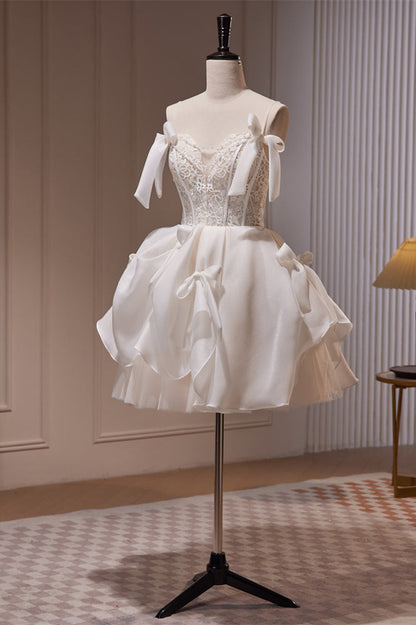 Ivory Straps Bows Lace Top Ruffle Tulle Homecoming Dress
