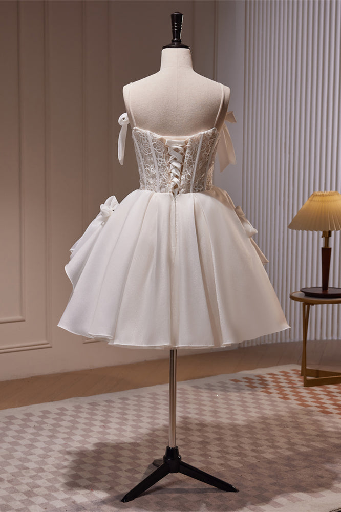 Ivory Straps Bows Lace Top Ruffle Tulle Homecoming Dress