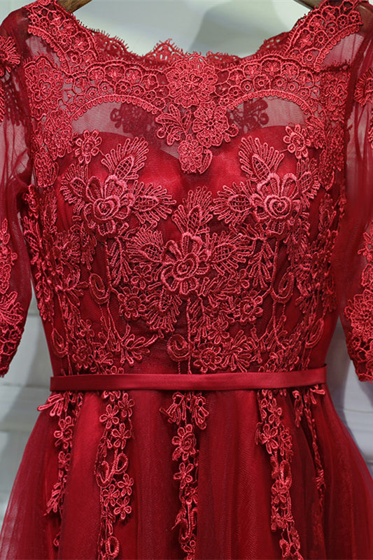 Red Illusion Lace Neck Sleeves Appliques Mini Formal Dress with Sash
