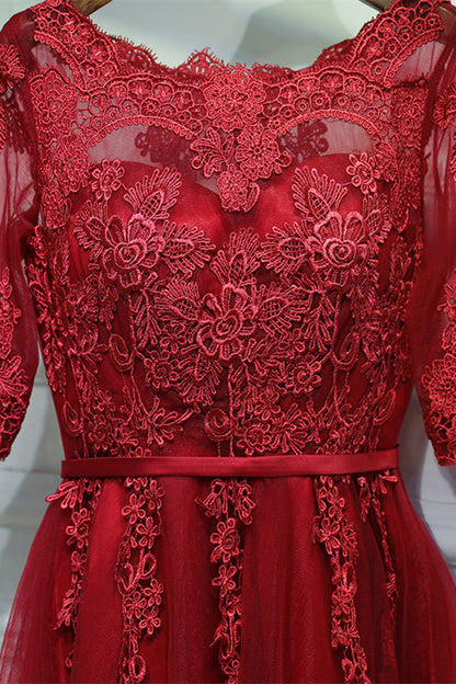 Red Illusion Lace Neck Sleeves Appliques Mini Formal Dress with Sash
