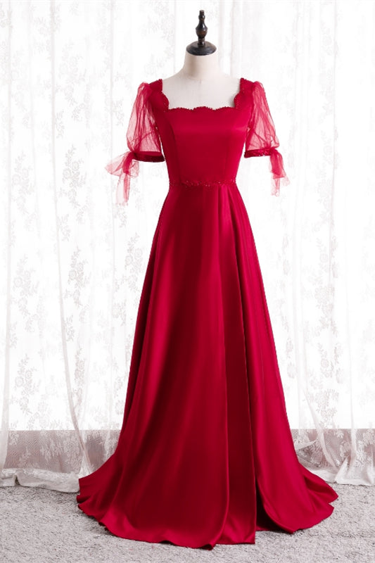 Casual Square Short Sleeves A-Line Satin Party Prom Dress