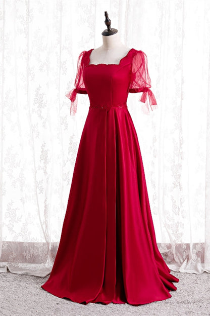 Casual Square Short Sleeves A-Line Satin Party Prom Dress
