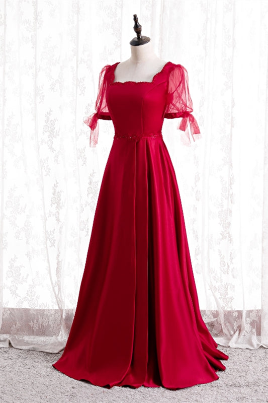 Casual Square Short Sleeves A-Line Satin Party Prom Dress