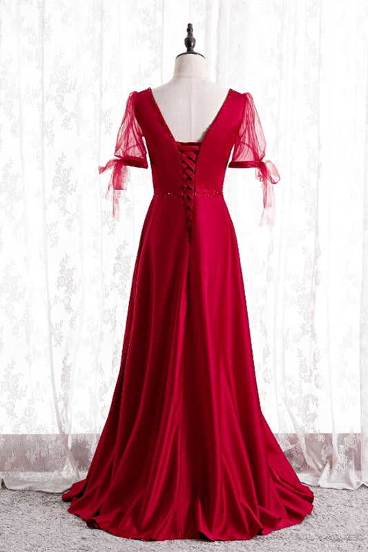 Casual Square Short Sleeves A-Line Satin Party Prom Dress