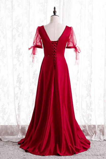 Casual Square Short Sleeves A-Line Satin Party Prom Dress