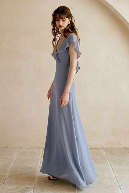 Flutter Sleeves Chiffon Long Bridesmaid Dress