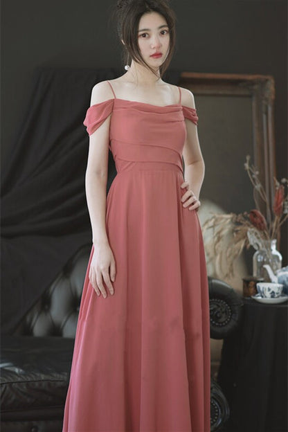 Off the Shoulder Coral Chiffon Long Bridesmaid Dress