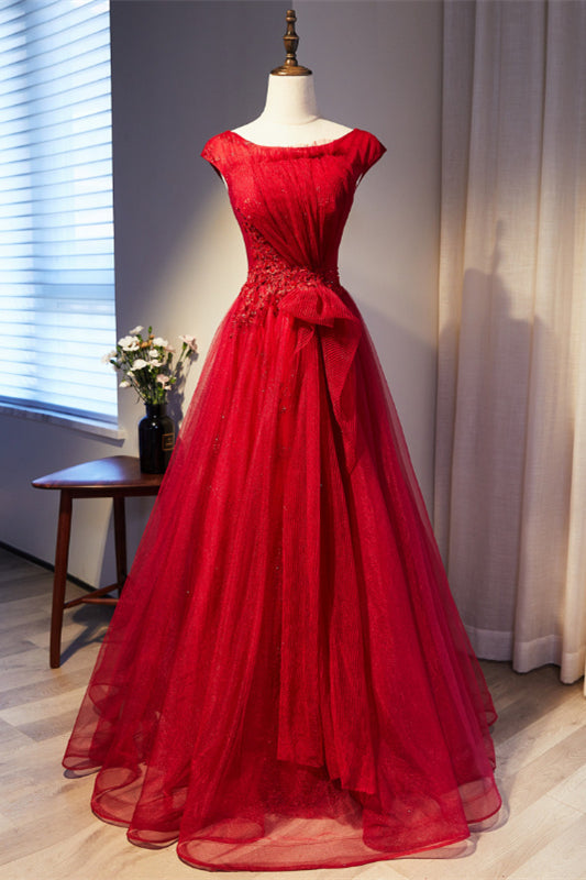 Scoop Cap Sleeveless Open Back Tulle A-Line Prom Dress