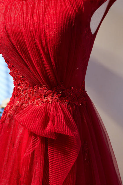 Scoop Cap Sleeveless Open Back Tulle A-Line Prom Dress