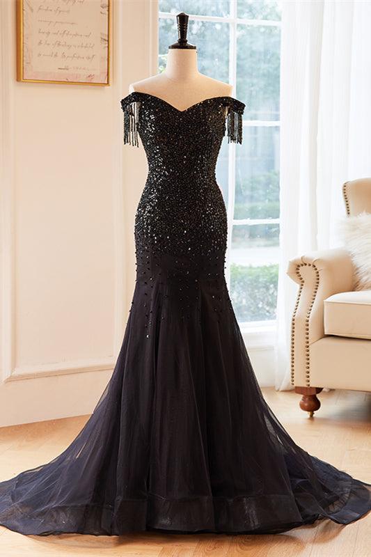 Black Mermaid Off-the-Shoulder Sequins Top Maxi Formal Dress