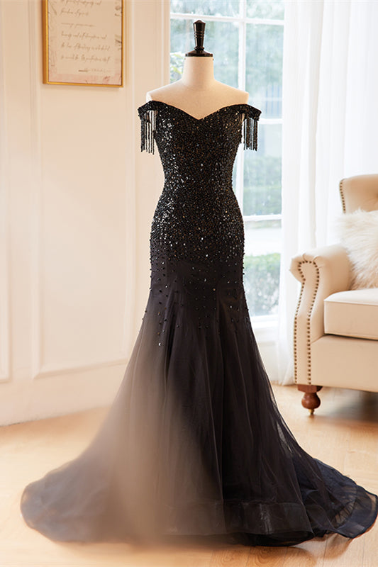 Black Mermaid Off-the-Shoulder Sequins Top Maxi Formal Dress