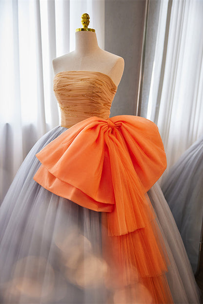 Grey Strapless A-line Tulle Long Prom Dress with Orange Bow