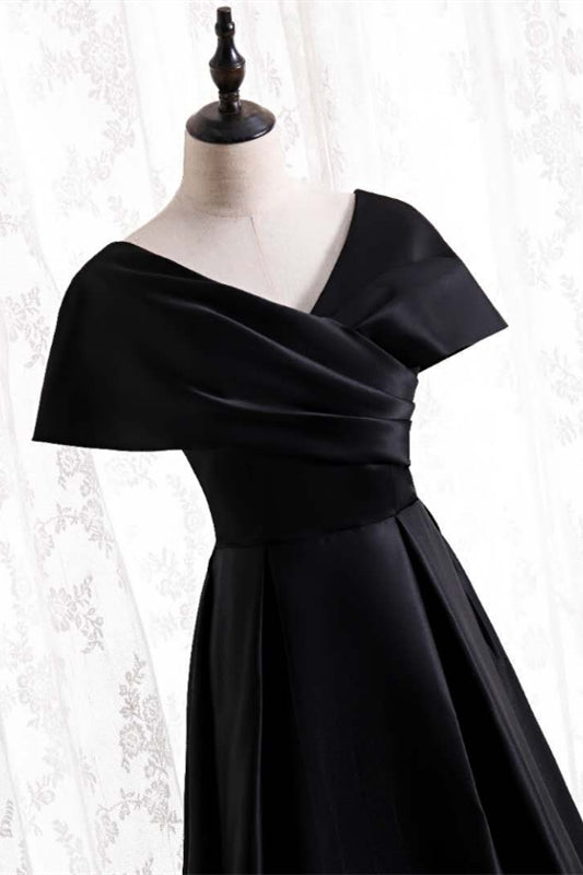 Black V Neck Satin Pleated Bat wing Sleeves Long Formal Dress