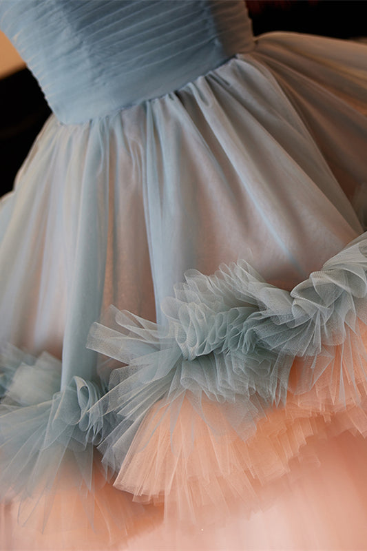 Dusty Blue and Pink Strapless Ruffle Layers Tulle Long Prom Dress