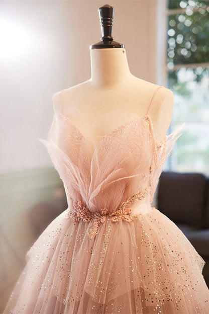 Pink Deep V Neck Straps Beaded Appliques Multi-Layers Maxi Formal Dress
