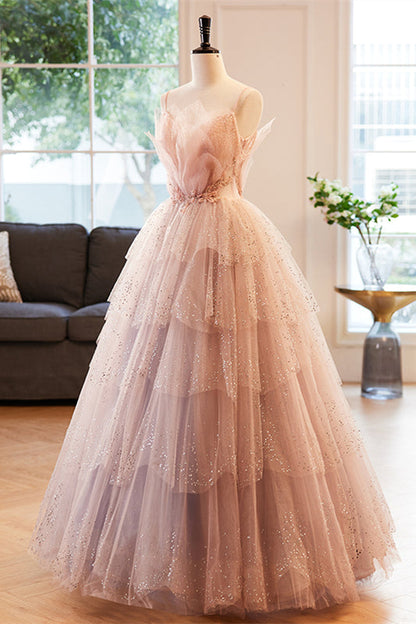 Pink Deep V Neck Straps Beaded Appliques Multi-Layers Maxi Formal Dress